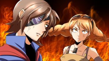 1boy 1girl aika_(eternal_arcadia) angry braid demekin0206 eternal_arcadia goggles goggles_on_head highres orange_hair sega twin_braids vyse