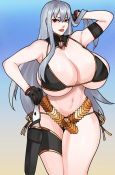 1girl arm_up armpits belt bikini black_bikini black_gloves blue_background breasts female_focus gloves gradient_background grey_hair grin highres holding holding_weapon huge_breasts legs lips long_hair looking_at_viewer red_eyes selvaria_bles senjou_no_valkyria senjou_no_valkyria_(series) senjou_no_valkyria_1 shiny_skin side-tie_bikini_bottom sidelocks smile solo strongmoist swimsuit teeth thick_thighs thighs underboob weapon wide_hips