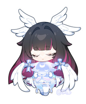 Rule 34 | 1girl, artist name, black hair, blunt bangs, blunt tresses, chibi, chibi only, closed eyes, closed mouth, columbina (genshin impact), commentary, dress, genshin impact, hair ornament, hashtag-only commentary, hongmomo, long hair, luonnotar (genshin impact), multicolored hair, purple hair, simple background, solo, thighhighs, very long hair, white background, white thighhighs, white wings, wing hair ornament, wings