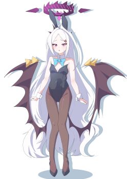 Rule 34 | 1girl, absurdres, ahoge, animal ears, black halo, blue archive, blush, breasts, commentary, demon girl, demon horns, demon wings, english commentary, full body, halo, highres, hina (blue archive), horns, j h 07, long hair, looking at viewer, low wings, playboy bunny, purple eyes, rabbit ears, simple background, small breasts, solo, very long hair, white background, white hair, wings