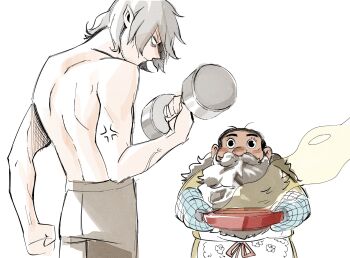 2boys apron back bags_under_eyes beard black_eyes blank_eyes blush bowl brown_hair dumbbell dungeon_meshi dwarf elf exercising facial_hair grey_hair highres holding holding_bowl holding_dumbbell long_beard looking_at_viewer male_focus mithrun multiple_boys mustache oven_mitts pants pointy_ears profile senshi_(dungeon_meshi) short_hair simple_background steam sweepswoop thick_mustache toned toned_male topless_female topless_male veins weightlifting white_background