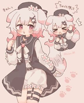 1girl :3 :d animal_ears black_dress black_hat blunt_bangs blush_stickers bow bowtie chibi colon_br commentary_request cowboy_shot dog_ears dog_girl dog_tail double-parted_bangs dress hair_ornament hand_up hat highres kemonomimi_mode long_sleeves looking_at_viewer mahou_shoujo_no_majo_saiban multicolored_hair multiple_tails open_mouth pink_eyes pink_hair sakuraba_ema short_hair shorts smile tail translation_request two-tone_hair white_bow white_bowtie white_hair white_shorts x_hair_ornament