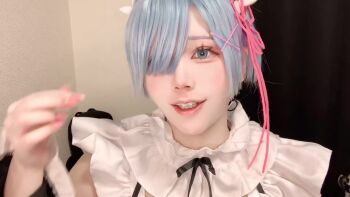 1girl animated black_ribbon black_sleeves female_focus flower flower_knot hair_ornament hair_over_one_eye heterochromia long_sleeves looking_at_viewer maid pink_flower pink_ribbon re:zero_kara_hajimeru_isekai_seikatsu real_life rem_(re:zero) rem_(re:zero)_(cosplay) ribbon roswaal_mansion_maid_uniform short_hair smile solo sound sumire9144 tagme video x_hair_ornament