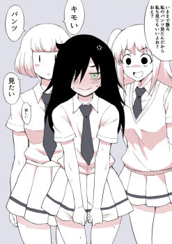 3girls commentary_request embarrassed green_eyes kuroki_tomoko limited_palette long_hair miniskirt multiple_girls necktie nemoto_hina open_mouth school_uniform short_hair skirt skirt_tug smile solid_oval_eyes sweat sweater_vest translation_request two_side_up uchi_emiri watashi_ga_motenai_no_wa_dou_kangaetemo_omaera_ga_warui! wavy_mouth zan_shin