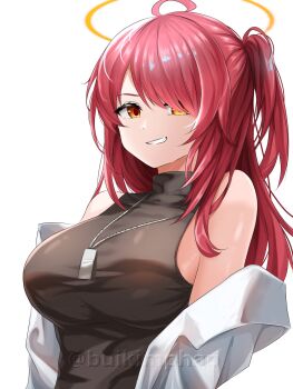 1girl ahoge arknights bare_shoulders black_shirt breasts commentary exusiai_(arknights) grin hair_over_one_eye halo highres jacket large_breasts long_hair looking_at_viewer off_shoulder phap2000 red_hair shirt simple_background sleeveless sleeveless_shirt smile solo symbol-only_commentary traditional_halo turtleneck turtleneck_shirt twitter_username upper_body watermark white_background white_jacket yellow_eyes yellow_halo