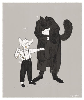 2boys animal_hands black_coat black_fur black_hair body_fur coat flying_sweatdrops full_body furry furry_male goat_boy grey_background hair_bun hair_over_eyes hooves horns leaning_forward lint_roller male_focus multiple_boys nagabe original puff_of_air shirt simple_background standing suspenders tail white_fur white_shirt wolf_boy