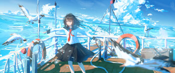 1girl absurdres bilingual_commentary bird black_hair black_sailor_collar black_skirt blue_eyes blue_sky blurry blurry_foreground chinese_commentary cloud commentary_request depth_of_field feet_out_of_frame hair_ornament hairclip hargow highres horizon lifebuoy long_sleeves medium_hair mixed-language_commentary necktie ocean on_ship original outdoors outstretched_arms pantyhose parallel_hairclips parted_lips red_necktie sailor_collar scenery school_uniform seagull serafuku shirt skirt sky smile solo spread_arms standing star_(symbol) star_hair_ornament summer swim_ring white_pantyhose white_shirt