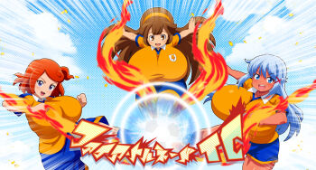 3girls absurdres ball blue_eyes bouncing_breasts breasts brown_eyes brown_hair character_request cloud day female_focus hasuike_an highres hitokiwa_kenchin inazuma_eleven_(series) japanese_text long_hair motion_lines multiple_girls nanobana_kinako open_mouth orange_hair purple_eyes short_hair sky smile soccer_ball soccer_uniform sportswear translation_request white_hair