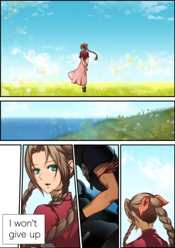 1boy 1girl aerith_gainsborough arm_ribbon armor arms_behind_back blue_sky boots braid braided_ponytail brown_hair choker cloud_strife cropped_jacket dress english_text field final_fantasy final_fantasy_vii final_fantasy_vii:_advent_children flower flower_field green_eyes hair_ribbon halu-ca highres jacket long_dress long_hair looking_at_viewer looking_back motorcycle on_motorcycle outdoors parted_bangs pink_dress pink_ribbon red_jacket ribbon ribbon_choker sequential shoulder_armor sidelocks sky square_enix standing