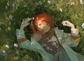 1girl a.i._voice adachi_rei belt black_shirt dappled_sunlight drawstring flower gloves grass grey_skirt hair_between_eyes hashtag-only_commentary headlamp headset highres jacket kirin1143410 long_sleeves lying medium_hair on_back on_grass one_side_up open_clothes open_jacket orange_belt orange_eyes orange_hair radio_antenna shirt skirt smile solo sunlight upper_body white_gloves white_jacket