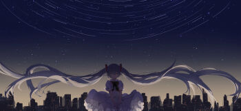 1girl aqua- blue_eyes blue_hair bow bowtie building cityscape closed_mouth commentary cowboy_shot dress floating_hair frilled_dress frills hatsune_miku highres layered_dress light_smile long_hair looking_at_viewer night own_hands_together puffy_short_sleeves puffy_sleeves red_bow red_bowtie short_sleeves sky solo standing star_(sky) star_trail starry_sky straight-on twintails very_long_hair vocaloid white_dress