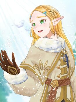 1girl belt blonde_hair braid brown_gloves capelet commentary crown_braid fur-trimmed_sleeves fur_trim gloves highres long_hair looking_to_the_side ni_yo24 nintendo open_mouth pointy_ears princess_zelda snow solo the_legend_of_zelda the_legend_of_zelda:_breath_of_the_wild winter winter_clothes winter_clothes_(zelda)