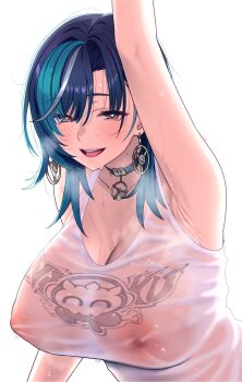 1girl aqua_hair aqua_streaks armpits black_choker black_hair blush breasts choker cleavage commentary_request covered_erect_nipples earrings highres hololive hololive_dev_is jewelry large_breasts looking_at_viewer medium_hair mole mole_on_neck multicolored_hair open_mouth rindo_chihaya rindo_chihaya_(1st_costume) see-through_clothes see-through_shirt shirt smile solo streaked_hair tank_top virtual_youtuber wet wet_clothes wet_shirt white_hair white_streaks white_tank_top zabudog777