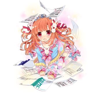 1boy all_fours blue_dress blunt_bangs blush collarbone crossdressing crossdressing_(mtf) dress hair_ornament jerry_lemon long_hair moriyama_shijimi notebook open_mouth paper pink_shoes pink_thighhighs purple_thighhighs rabbit_hair_ornament red_eyes school_uniform shoes striped_clothes striped_thighhighs thighhighs tiara trap two_side_up uchi_no_hime-sama_ga_ichiban_kawaii white_thighhighs