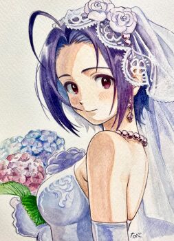 1girl bare_shoulders bouquet breasts bridal_veil commentary_request dress flower highres holding holding_bouquet idolmaster idolmaster_(classic) jewelry medium_breasts miura_azusa nabeta_(currynabe) necklace painting_(medium) purple_hair red_eyes short_hair solo traditional_media upper_body veil watercolor_(medium) wedding_dress