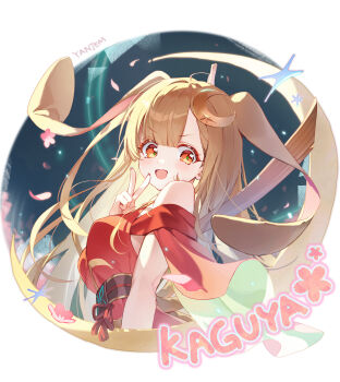 Rule 34 | 1girl, :d, absurdres, ahoge, artist name, bare shoulders, blush, border, breasts, brown eyes, brown hair, character name, chou kaguya-hime!, commentary, crescent, crescent hair ornament, dress, fingernails, hair ornament, hand up, highres, kaguya (chou kaguya-hime!), large breasts, long fingernails, long hair, looking at viewer, open mouth, pink petals, red dress, round border, sleeveless, sleeveless dress, smile, solo, upper body, v, yanjem