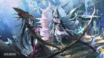 absurdres bikini bikini_top_only black_gloves blue_eyes blue_gloves blue_hair blue_lips breasts bubble clip_studio_paint_(medium) cowlick elbow_gloves fins fish_tail gloves hair_between_eyes headpiece highres holding holding_weapon jellyfish lamia:_lost_lullaby_(pgr) lamia_(npc)_(pgr) lamia_(pgr) long_eyelashes long_hair long_hair_between_eyes long_sidelocks looking_at_viewer medium_breasts mermaid monster_girl official_art punishing:_gray_raven red_eyes sand sidelocks sitting soucl standing swimsuit tail underwater very_long_hair weapon