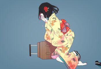 1girl aqua_sandals barefoot black_hair black_sandals blue_background brown_bag closed_eyes colored_inner_hair commentary covered_mouth crying eyelashes facing_to_the_side floral_print flower from_side full_body hair_flower hair_ornament hand_on_own_face ikanaide_(vocaloid) japanese_clothes kimono kirara0088 kneeling leaf_print multicolored_hair multicolored_sandals obi orange_flower pale_skin pink_hair print_kimono print_sash purple_sash red_flower red_rose red_sash rolling_suitcase rose sad sandals sash short_hair simple_background single_sandal solo suitcase teardrop tears two-tone_hair unworn_sandal unworn_sandals vocaloid white_sandals wide_sleeves yellow_flower yellow_kimono yukata zouri