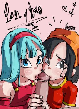 1boy 2girls age_difference aqua_hair black_eyes black_hair blue_eyes bra_(dragon_ball) dragon_ball dragon_ball_gt fellatio loli multiple_girls oral pan_(dragon_ball) penis sheisbrigitte shy