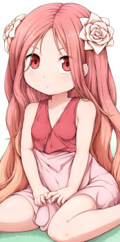 1girl breasts closed_mouth commentary_request covered_navel expressionless feet_out_of_frame flower hair_flower hair_ornament haty lady_tanee long_hair looking_at_viewer pink_hair pink_skirt ragnarok_online red_eyes red_shirt rose shirt sitting skirt sleeveless sleeveless_shirt small_breasts solo very_long_hair wariza white_background white_flower white_rose