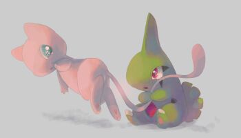 Rule 34 | blue eyes, commentary request, full body, gen 1 pokemon, gen 2 pokemon, grey background, highres, hinekure, holding another's tail, larvitar, legendary pokemon, looking at another, mew (pokemon), mythical pokemon, nintendo, no humans, open mouth, pokemon, pokemon (creature), red eyes, simple background, tail