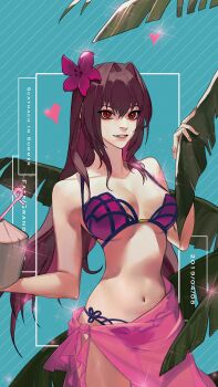 Rule 34 | 1girl, bikini, breasts, cleavage, drink, english text, fate/grand order, fate (series), flower, hair flower, hair ornament, hibiscus, highres, holding, holding drink, large breasts, long hair, looking at viewer, navel, purple bikini, purple hair, red eyes, scathach (fate), scathach (fate/grand order), scathach (swimsuit assassin) (fate), scupid, smile, solo, swimsuit