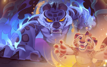 1boy age_progression aged_down claws commentary english_commentary fangs flaming_hand furry furry_male grey_fur kung_fu_panda kyander male_focus multiple_views open_mouth outstretched_arms pants pawpads purple_pants smile snow_leopard_boy snow_leopard_ears snow_leopard_tail spotted_fur tai_lung whiskers