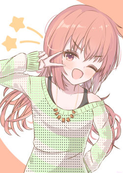 Rule 34 | 1girl, ;d, absurdres, blush, breasts, casual, charo (meme), collarbone, commentary, green sweater, hair between eyes, hand on own hip, hand up, happy, highres, inaba meguru, jewelry, long hair, looking at viewer, low twintails, meme, metrol 0, necklace, official alternate costume, official alternate hairstyle, one eye closed, open mouth, orange hair, red eyes, sanoba witch, sidelocks, simple background, sleeves past wrists, small breasts, smile, solo, star (symbol), striped clothes, striped sweater, sweater, twintails, upper body, v, v-shaped eyebrows, v over eye, white background