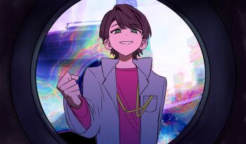 1boy breast_pocket brown_hair clenched_hand clenched_teeth commentary english_commentary green_eyes hand_up highres houjou_emu kamen_rider kamen_rider_ex-aid_(series) lanyard layered_clothes long_sleeves looking_at_viewer male_focus monitoring_(vocaloid) p_(puddingummy) pink_shirt pocket shirt short_hair smile solo teeth upper_body