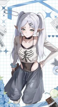 1girl 2gong_(9ujin_) alternate_costume artist_request barcode black_leotard blue_flower blush candy casual check_artist chocolate chocolate_bar closed_mouth collarbone commentary contemporary covered_navel crop_top disc drawstring drinking_straw earrings english_commentary eyelashes flower food frieren glass green_eyes grey_pants grid_background hair_ornament hairclip hand_on_own_hip heart highres holding ice_cream jewelry leotard leotard_under_clothes long_hair long_sleeves pants paperclip pointy_ears scrunchie shirt solo sousou_no_frieren third-party_source twintails white_hair white_shirt wrist_scrunchie