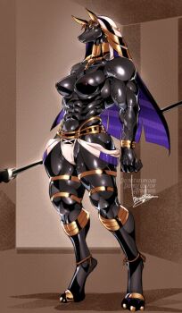 1girl abs ancient_egyptian_clothes animal_ears ankh_necklace anubis_(mythology) black_hair black_skin bowalia bracelet colored_skin digitigrade furry furry_female green_eyes holding holding_staff jackal_ears jackal_girl jewelry long_hair muscular muscular_female nemes original purple_hair signature solo staff thick_thighs thighs veins veiny_arms veiny_legs