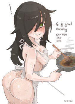1girl absurdres apron ass bags_under_eyes bare_shoulders black_hair breasts clenched_teeth commission cooking covering_nipples covering_privates emiillb english_text freckles green_eyes hair_over_one_eye highres holding holding_pan holding_spoon kuroki_tomoko looking_at_viewer medium_breasts medium_hair messy_hair nude sideboob sidelocks solo spoon sweat sweatdrop talking teeth twitter_username watashi_ga_motenai_no_wa_dou_kangaetemo_omaera_ga_warui! wavy_mouth white_apron white_background