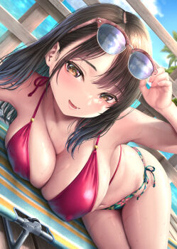 1girl adjusting_eyewear arm_up beach_chair bikini blush breasts brown_eyes brown_hair cleavage covered_erect_nipples day dutch_angle eyewear_on_head highres kase_daiki large_breasts long_hair looking_at_viewer lying mismatched_bikini on_side open_mouth original outdoors semi-rimless_eyewear side-tie_bikini_bottom smile solo string sunglasses swimsuit wet