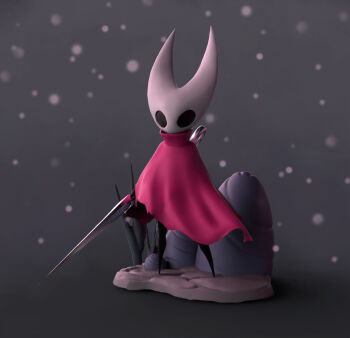 1girl 3d absurdres arthropod_girl black_eyes black_sclera cloak colored_sclera gradient_background grey_background highres holding holding_needle holding_weapon hollow_knight hollow_knight:_silksong hornet_(hollow_knight) horns needle red_cloak rock snowflakes snowing soyzec standing weapon