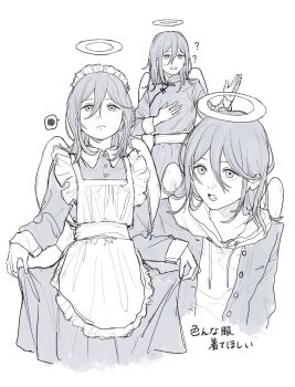 Rule 34 | 1boy, ?, ??, alternate costume, angel, angel devil (chainsaw man), angel wings, apron, buttons, chainsaw man, chinese clothes, closed mouth, collared dress, commentary request, crossdressing, crossdressing (mtf), drawstring, dress, frilled apron, frills, greyscale, hair between eyes, halo, highres, hood, hood down, jacket over hoodie, long hair, maid, maid apron, maid headdress, male focus, male maid, monochrome, multiple costumes, multiple views, open mouth, rigeshita, translation request, unbuttoned, wings