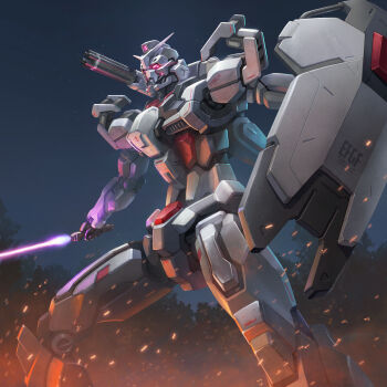 battle bmwsb0 burning commentary damaged dirty earth_federation energy_sword english_commentary fire forest gatling_gun glowing glowing_eyes gundam gundam_ex gundam_gquuuuuux gundam_requiem_for_vengeance highres holding holding_sword holding_weapon lens_flare logo machinery mecha mecha_focus mobile_suit nature night no_humans original realistic red_eyes redesign robot roundel science_fiction shield shoulder_cannon solo sparks sword weapon yamashita_ikuto_(style)