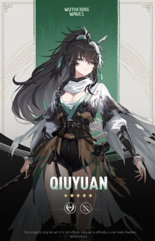 1girl adapted_costume arm_armor black_hair black_shorts breasts bright_pupils chest_sarashi cleavage closed_mouth commentary ddcc0123 english_commentary genderswap genderswap_(mtf) grey_eyes hair_between_eyes highres holding holding_sword holding_weapon long_hair looking_at_viewer medium_breasts official_style ponytail qiuyuan_(wuthering_waves) sarashi shorts sidelocks simple_background solo sword weapon white_background white_pupils wuthering_waves