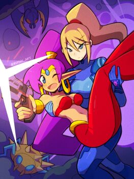 Rule 34 | 2girls, aiming, alien, bandeau, bare shoulders, blonde hair, blue bodysuit, blue eyes, blush, bodysuit, breasts, bushii (bo0xhy), carrying, circlet, cleavage, crossover, dark-skinned female, dark skin, earrings, firing, forehead jewel, gun, handgun, happy, harem pants, high ponytail, highres, holding, holding gun, holding weapon, hoop earrings, jewelry, long hair, looking at viewer, medium breasts, metroid, mole, mole under mouth, multiple girls, navel, nintendo, o-ring, o-ring top, one eye closed, open mouth, pants, paralyzer, pointy ears, ponytail, princess carry, purple hair, running, samus aran, scene reference, shantae, shantae (series), skree (metroid), smile, twitter username, weapon, zero suit, zoomer (metroid)