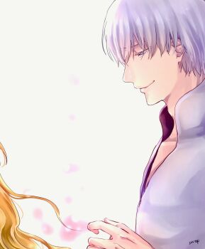 1046sstep_btoh 1boy 1girl bleach blue_eyes commentary_request half-closed_eyes ichimaru_gin matsumoto_rangiku signature smile solo_focus unusually_open_eyes wavy_hair white_hair