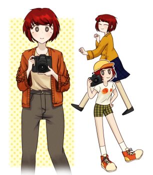 1girl alternate_costume blue_skirt bright_pupils cable_knit camera closed_eyes closed_mouth commentary danganronpa_(series) danganronpa_2:_goodbye_despair freckles green_shorts grey_eyes grey_pants grey_shoes hand_on_own_hip hat highres holding holding_camera jacket koizumi_mahiru lily_(superkiiisa) long_sleeves multiple_views no_sclera open_clothes open_jacket orange_jacket orange_shoes pants plaid_clothes plaid_shorts red_hair shirt shoelaces shoes short_hair shorts skirt smile socks symbol-only_commentary very_short_hair white_background white_pupils white_shirt white_socks yellow_hat yellow_shirt