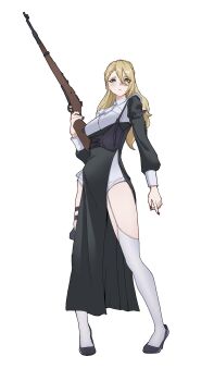 1girl black_shoes blonde_hair blue_eyes bolt_action breasts full_body gun highres holding holding_gun holding_weapon kimi_no_koto_ga_dai_dai_dai_dai_daisuki_na_100-nin_no_kanojo long_hair looking_at_viewer mauser_98 medium_breasts nail_polish nun open_mouth rifle saikiseiya shoes simple_background solo standing thighhighs utsukushisugi_mimimi weapon weapon_request white_background white_thighhighs