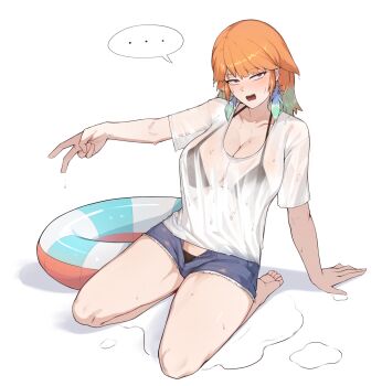 1girl absurdres bikini bikini_under_clothes bikini_visible_through_clothes black_bikini blue_shorts breasts cleavage colored_inner_hair commentary denim denim_shorts feathers full_body gradient_hair green_feathers green_hair hair_flaps halterneck highres hololive hololive_english iver_(reviolet) large_breasts long_hair multicolored_hair open_fly open_mouth orange_hair outstretched_arm purple_eyes see-through_clothes shirt short_shorts short_sleeves shorts simple_background sitting solo speech_bubble swim_ring swimsuit t-shirt takanashi_kiara v virtual_youtuber wet white_background