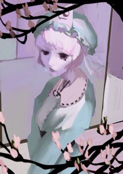 Rule 34 | 1girl, absurdres, black sash, blue hat, blue kimono, cherry blossoms, collared kimono, commentary request, cowboy shot, empty eyes, frilled hat, frills, hat, highres, hotoke party, japanese clothes, kimono, mob cap, no lineart, obi, own hands together, pale color, pink hair, saigyouji yuyuko, sash, short hair, solo, standing, touhou, triangular headpiece, v arms, veil