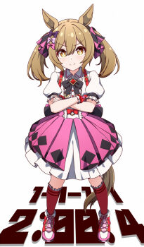 Rule 34 | 1girl, animal ears, brown eyes, brown hair, closed mouth, commentary request, crossed arms, full body, hair ribbon, hiro (pqtks113), horse ears, horse girl, horse tail, looking at viewer, pink ribbon, pink shoes, pink skirt, red socks, ribbon, shoes, short hair, simple background, skirt, smart falcon (love 4ever) (umamusume), smart falcon (umamusume), smile, socks, solo, standing, tail, twintails, umamusume, white background