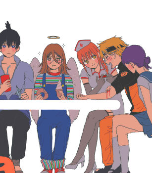 2girls 3boys angel angel_devil_(chainsaw_man) angel_wings bagel black_hair black_pants blonde_hair blood blood_on_arm blue_eyes blush braid braided_ponytail brown_hair chainsaw_man chewing child's_play chucky chucky_(cosplay) closed_eyes cosplay cup denji_(chainsaw_man) dress earrings eating food grey_shirt grey_shoes hair_between_eyes hair_bun halloween halo hat hayakawa_aki headband holding holding_cup ice_cream ice_cream_cone injection jewelry long_hair looking_at_viewer makima_(chainsaw_man) medium_hair multiple_boys multiple_girls naruto_(series) naruto_shippuuden nurse nurse_cap open_clothes pants pump purple_hair red_hair reze_(chainsaw_man) ringed_eyes scar scar_on_face school_uniform serafuku shirt shoes shuriken sidelocks simple_background single_hair_bun sitting stitched_face stitches stud_earrings suspenders thighhighs tongue tongue_out topknot uchiha_sasuke uchiha_sasuke_(cosplay) uzumaki_naruto uzumaki_naruto_(cosplay) v-neck weapon white_background white_dress white_wings wings yellow_eyes zemzk