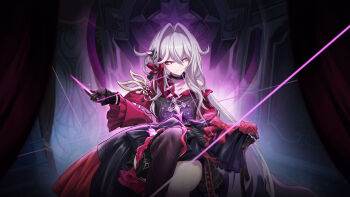 1girl aura black_choker black_gloves black_pantyhose bright_pupils choker cross crossed_legs dark_aura dark_background game_cg gloves hair_ornament highres holding holding_string honkai_(series) honkai_impact_3rd jacket long_hair long_sleeves naughty_face pantyhose purple_eyes purple_ribbon red_jacket ribbon hair_ribbon smile solo string string_in_mouth thelema_nutriscu very_long_hair white_hair white_pupils