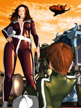 1girl aircraft bodysuit breasts brown_hair cleavage hand_on_own_hip helmet kill_the_king large_breasts lips long_hair mature_female mecha pilot_suit red_nails robot science_fiction sky unworn_headwear unworn_helmet