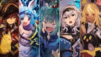 Rule 34 | 5girls, :d, absurdres, animal ears, bicorne, blonde hair, blue hair, bomb, breasts, character request, circlet, cleavage, closed mouth, column lineup, cosplay, cosplay request, crocodilian, crossover, dark-skinned female, dark elf, dark skin, donkey kong (series), donkey kong country, double bun, dragon quest, electricity, elf, eva 01, explosive, eyepatch, fang, gen 1 pokemon, green hair, hair between eyes, hair bun, hammer, hat, highres, hololive, hololive fantasy, houshou marine, hylian shield, kaamin (mariarose753), king k. rool, kirby, kirby (series), large breasts, link, link (cosplay), looking at viewer, medium breasts, multiple crossover, multiple girls, neon genesis evangelion, nintendo, open mouth, pikachu, pirate hat, pointy ears, pokemon, rabbit ears, red hair, roto, roto (cosplay), roto (dq3), sharp teeth, shield, shiranui flare, shirogane noel, silver hair, skin fang, small breasts, smile, super smash bros., teeth, the legend of zelda, the legend of zelda: breath of the wild, uruha rushia, uruha rushia (1st costume), usada pekora, virtual youtuber