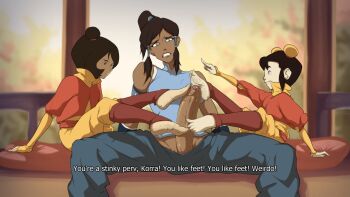 3girls absurdres age_difference avatar_legends barefoot blue_pants blue_shirt brown_hair clenched_teeth commentary cooperative_footjob dark-skinned_female dark_skin english_text erection feet footjob futa_with_female futanari hair_bun highres ikki_(legend_of_korra) jinora kiryu_artwork korra large_penis loli multiple_girls onee-loli pants penis penis_out pointing pointing_at_another precum shirt short_hair sidelocks single_side_bun sitting sleeveless sleeveless_shirt teamwork_(sexual) teeth the_legend_of_korra uncensored yellow_pants