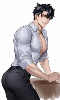 1boy adam&#039;s_apple ayato_ux bare_pectorals belt black_belt black_hair black_pants collarbone collared_shirt commentarty covered_erect_nipples ear_piercing earrings genshin_impact grey_eyes hashtag-only_commentary highres jewelry looking_at_viewer male_focus multicolored_hair open_clothes open_shirt pants parted_hair parted_lips pectoral_cleavage pectorals piercing shirt short_hair sideburns smile solo standing streaked_hair stud_earrings teeth white_background white_shirt wing_collar wriothesley_(genshin_impact)